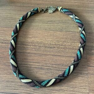 Vintage Seed Bead Crochet Rope Necklace Geometric Spiral Brass Leaf Toggle Clasp